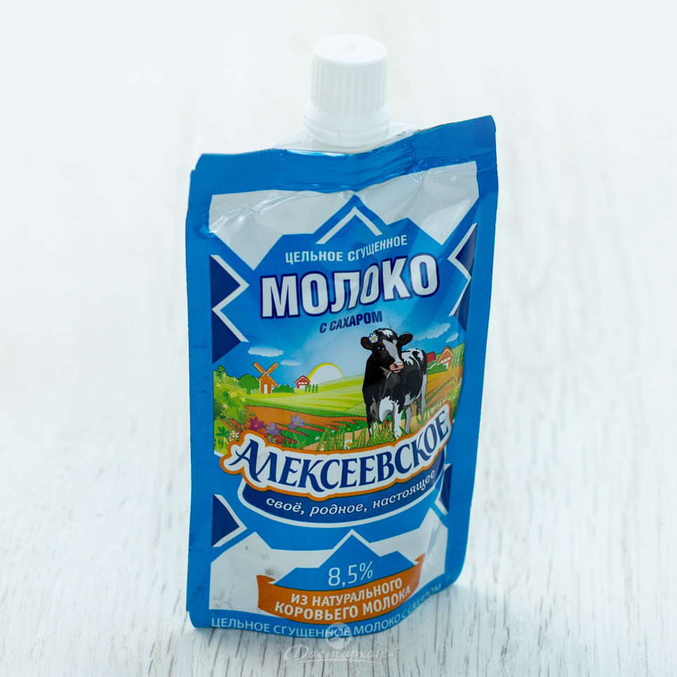 Молоко Алексеевское сгущеное цельное с сахаром 8,5%, дой-пак 100г металлизиров. с дозатором 