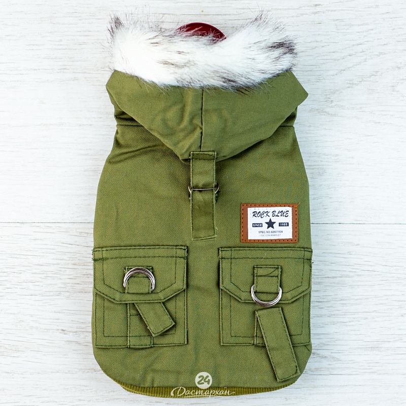 Куртка для собак с меховым капюшоном S (ДС 20см ОШ 23см ОГ 32см) зелёная   5152187